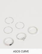 Asos Design Curve Pack Of 6 Rings With Engraved Heart Design And Graduated Band In Silver Tone - Silver