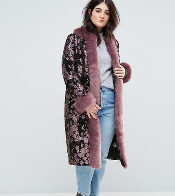 Dolly & Delicious Plus Premium Embroidered Oversized Coat With Fluffy Trim Detail - Multi