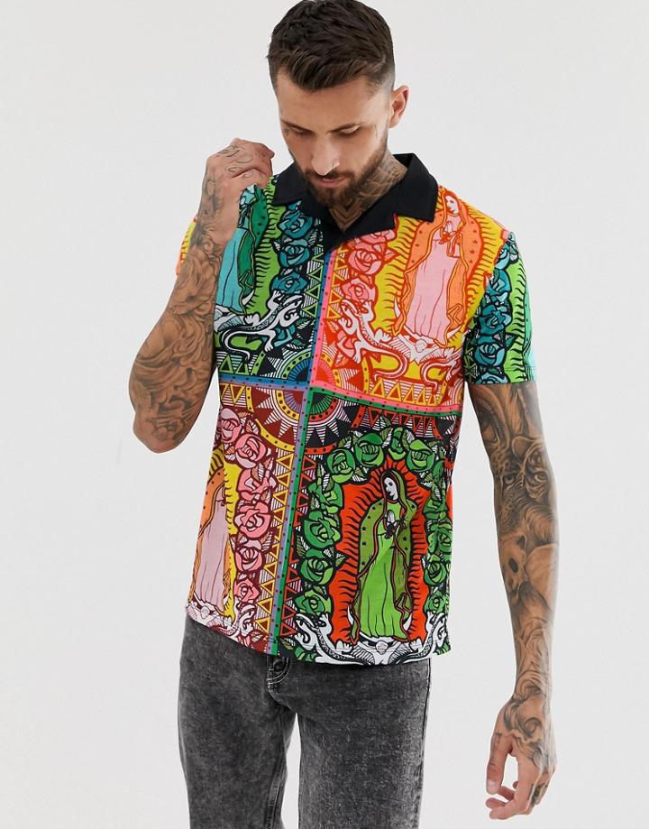 Asos Design Relaxed Fit Revere Collar Polo With All Over Historial Figure Print - Multi