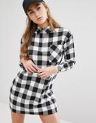 Daisy Street Relaxed Shirt Dress With Zip Neck In Check - Black