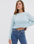 Asos Design Stitch Detail Fluffy Sweater With Tie Back-blue