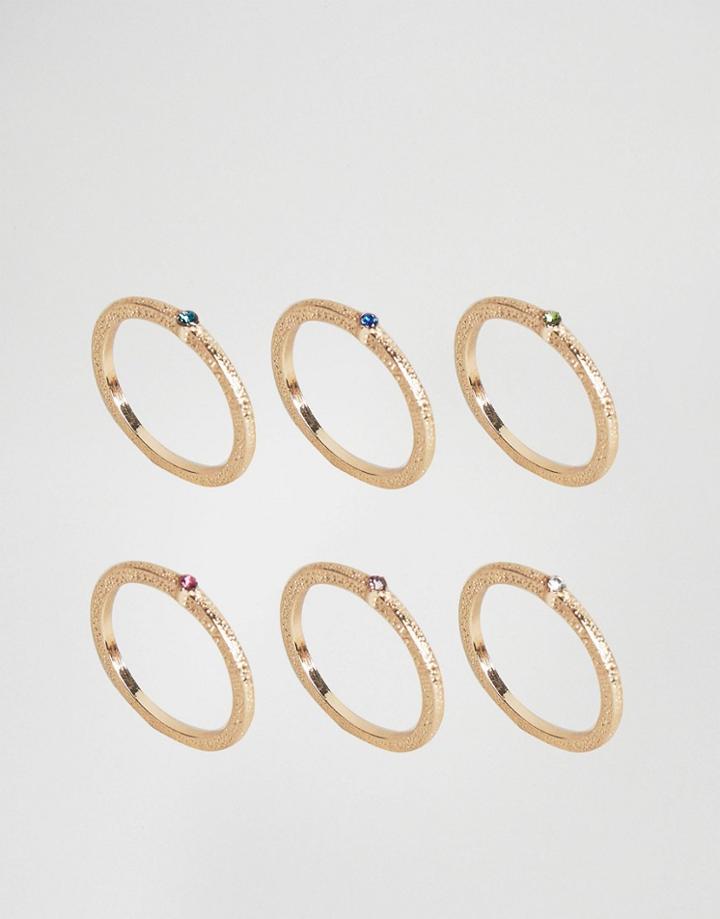 Asos Pack Of 6 Rainbow Stone Rings - Gold