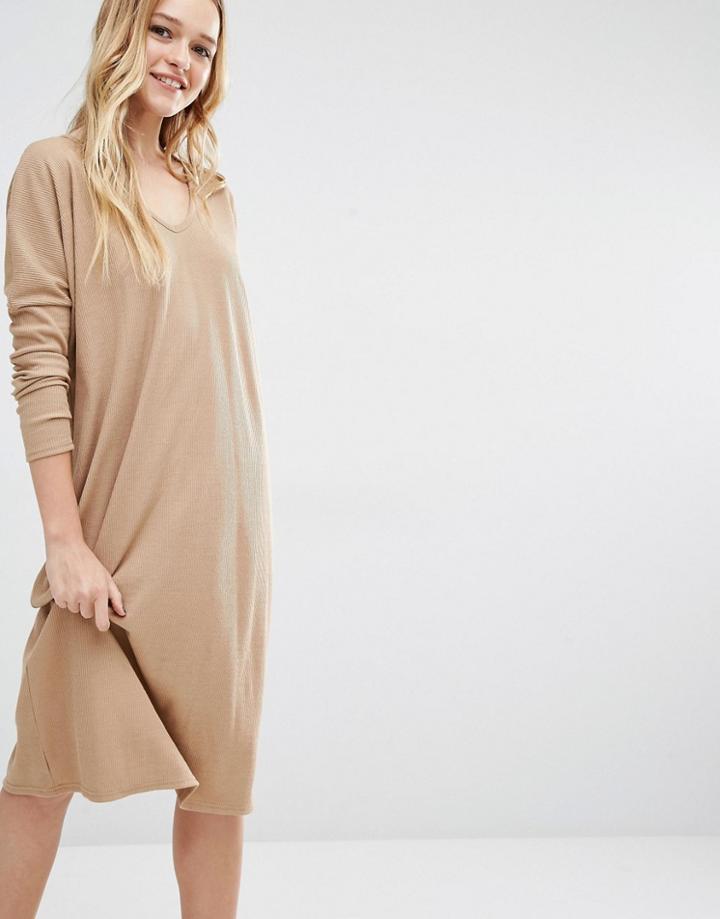 Daisy Street V Neck Midi Dress With Long Sleeve In Rib - Nude