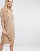 Daisy Street V Neck Midi Dress With Long Sleeve In Rib - Nude