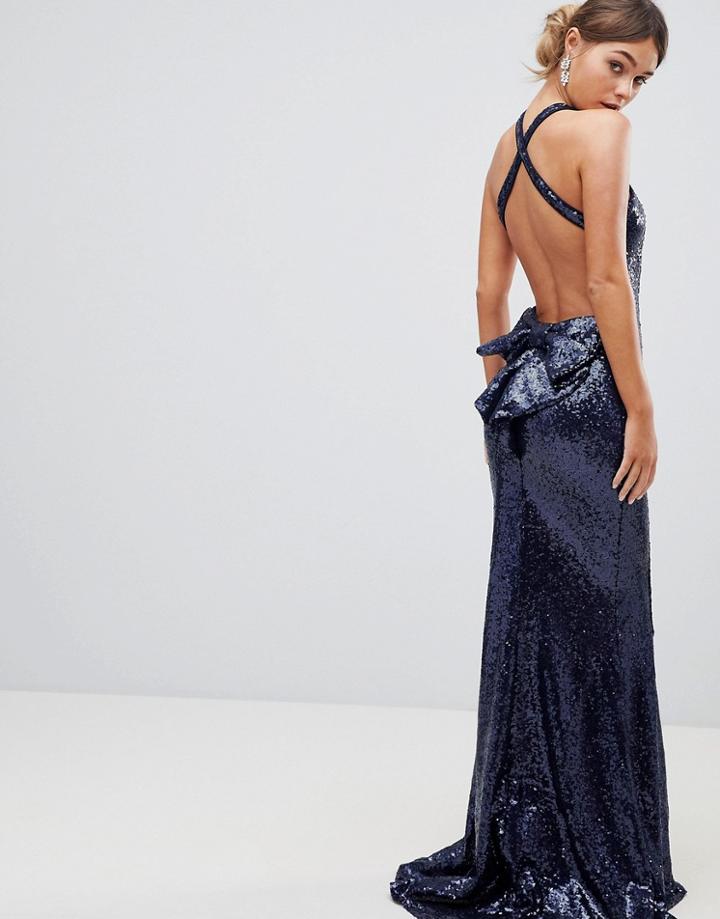 City Goddess Bow Detail Sequin Maxi Dress - Navy