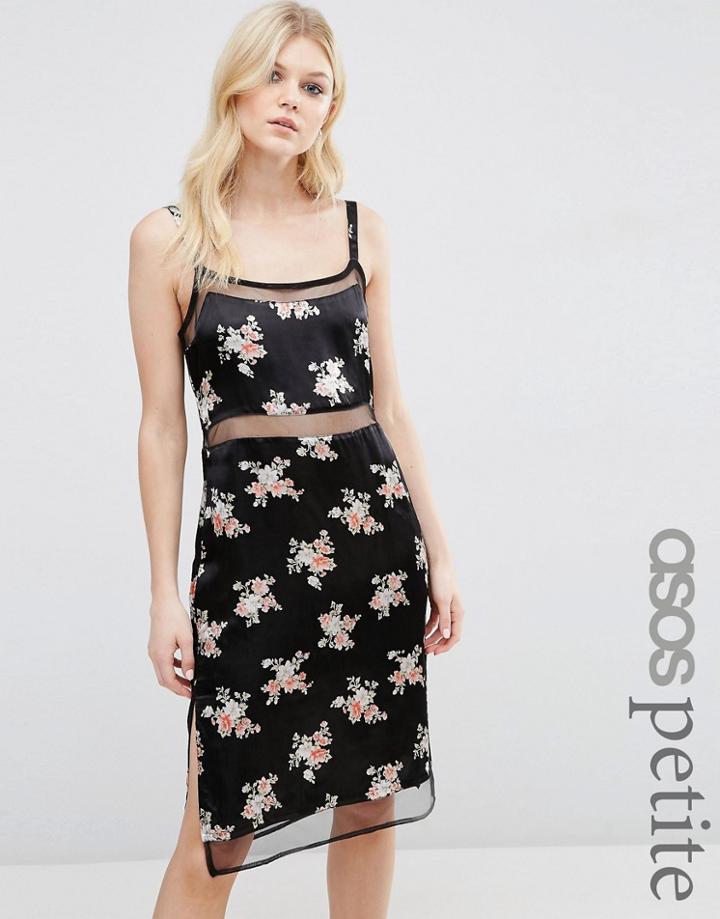 Asos Petite Mesh Insert Cami Dress In 90s Floral Print - Black
