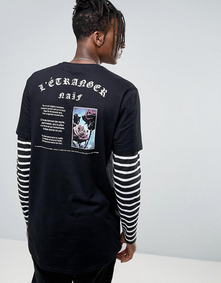 Asos Super Longline T-shirt With Stripe Double Layer & Back Print - Black