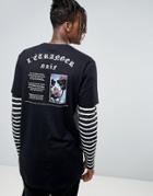 Asos Super Longline T-shirt With Stripe Double Layer & Back Print - Black