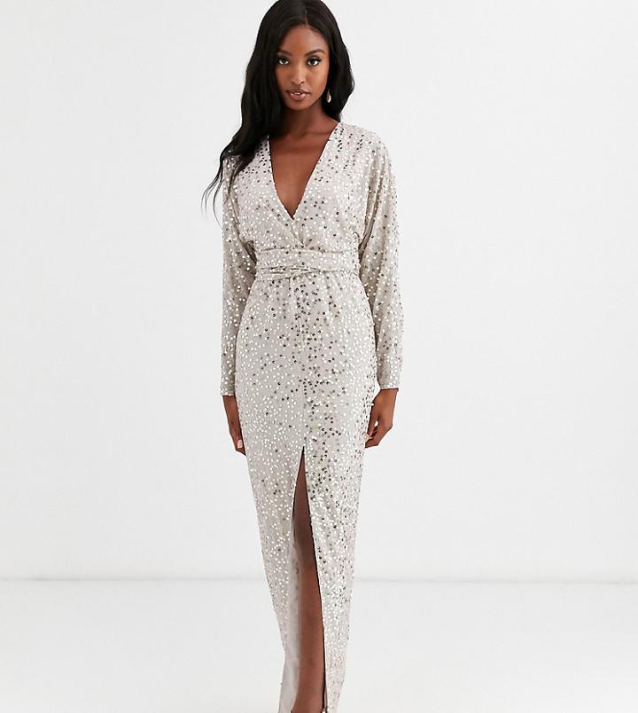 Asos Design Tall Maxi Dress With Batwing Sleeve And Wrap Waist In Scatter Sequin-gold
