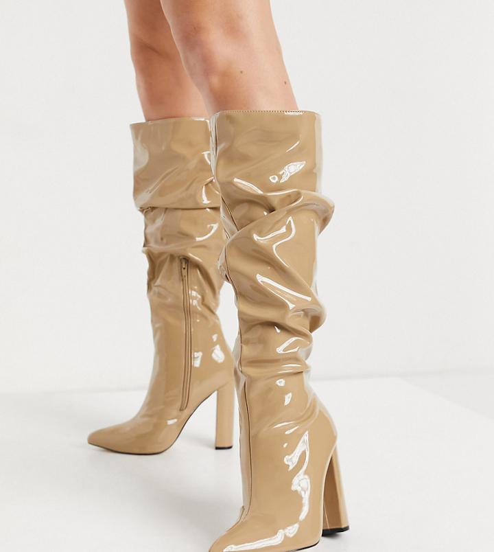 Public Desire Wide Fit Yours Slouchy Knee Boots In Camel Patent-neutral