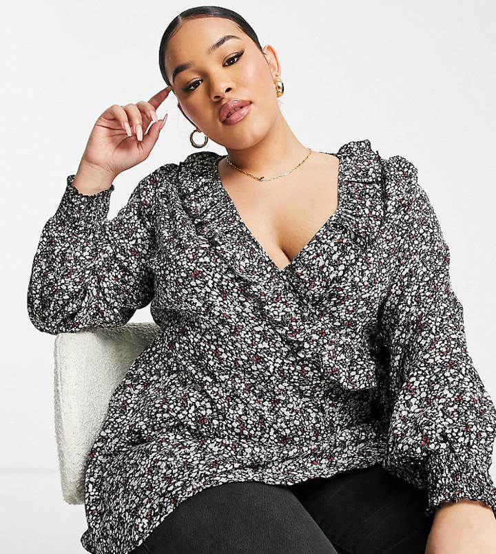 Yours Wrap Blouse With Ruffle Detail In Black Floral