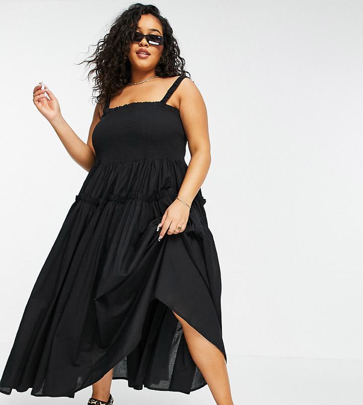 Asos Design Curve Shirred Cami Midi Sundress With Raw Edges In Black