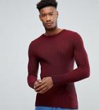 Asos Tall Muscle Fit Ribbed Sweater In Burgundy - Red