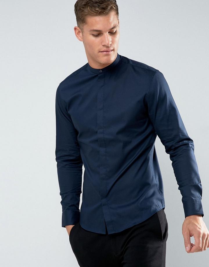 Selected Homme Slim Fit Grandad Shirt - Navy