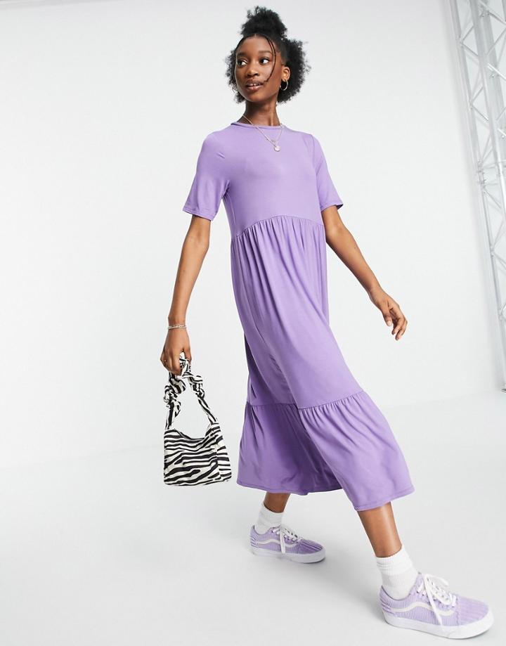 Asos Design Tiered Smock T-shirt Midi Dress In Purple Ash