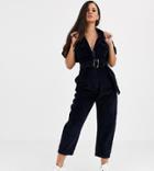 Asos Design Petite Cord Belted Jumpsuit With Tapered Leg-blue