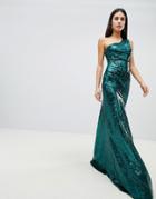 Goddiva One Shoulder Sequin Maxi Dress In Emerald Green - Green