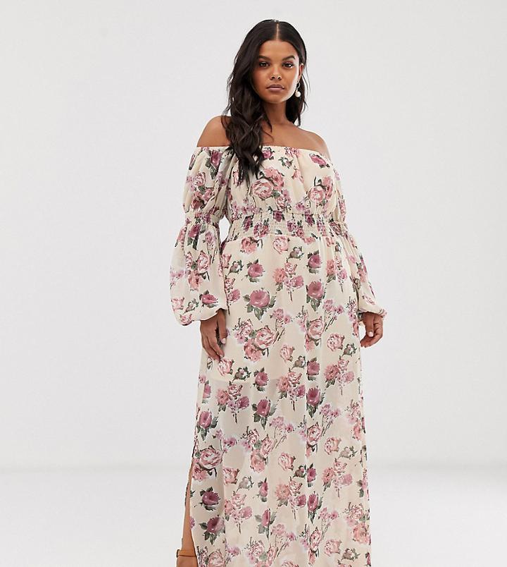 Wild Honey Plus Bardot Maxi Dress In Rose Floral-beige