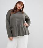 Asos Design Curve Smock Top With Long Sleeve In Wash - Green