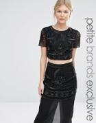Maya Petite Short Sleeve Tonal Embellished Detail Crop Top - Black