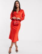 Pretty Lavish Fitted Dress With Deep Plunge In Satin-red