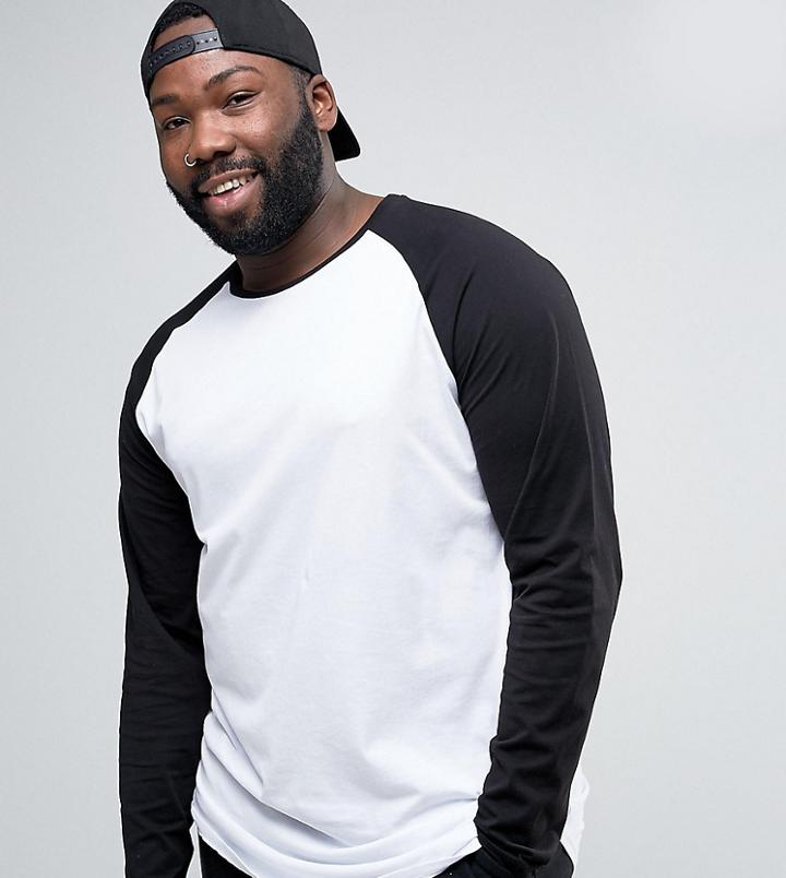 Asos Plus Super Longline Long Sleeve T-shirt With Contrast Raglan And Curve Hem - White