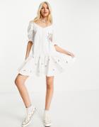 Asos Design Embroidered Cotton Mini Smock Dress With Lace Trims And Pephem In White