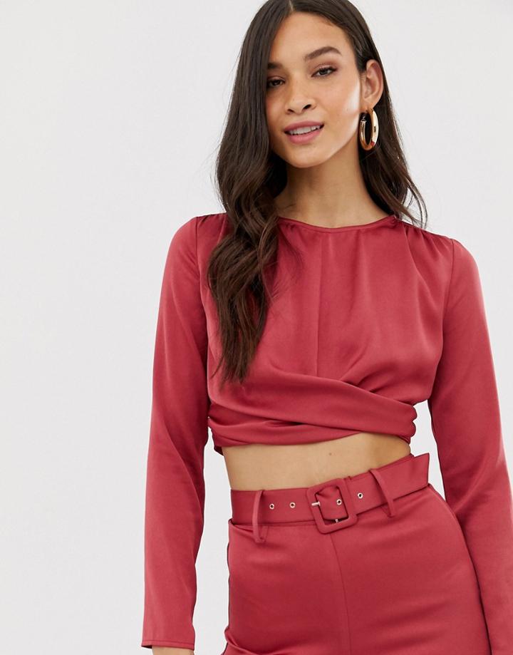 The Girlcode Satin Long Sleeve Crop Top With Twist Detail In Cranberry - Red