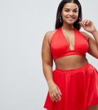 Asos Design Curve Recycled Supportive Halter Plunge Bikini Top In Red - Red