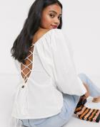 Asos Design Long Sleeve Cotton Top With Lace Up Back Detail-no Color