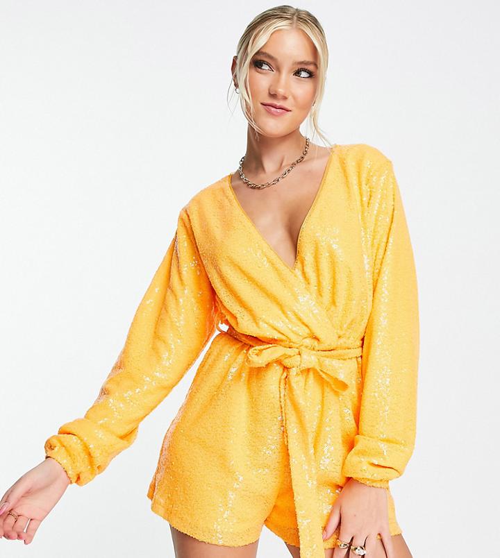 In The Style Exclusive Sequin Wrap Detail Belted Romper In Orange