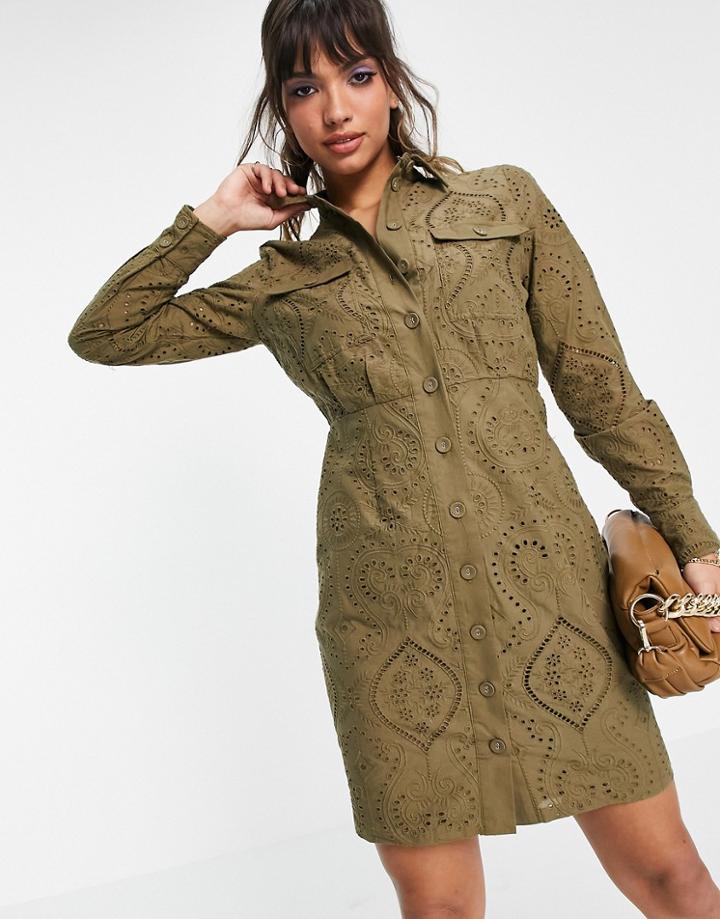 Y.a.s Broderie Mini Shirt Dress In Khaki-green