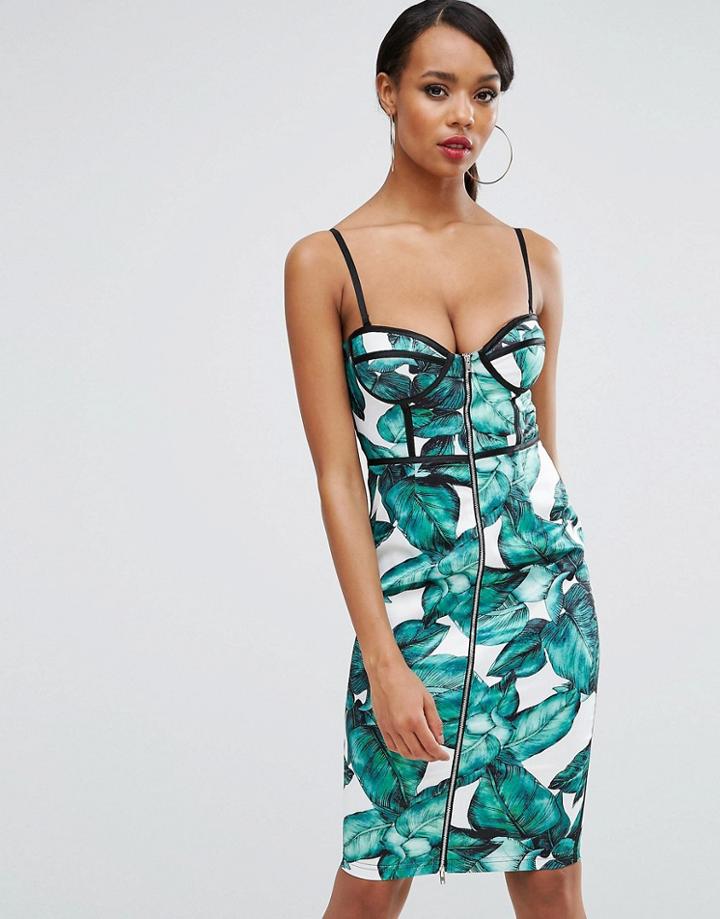 Rare London Paneled Pencil Dress In Leaf Print-green