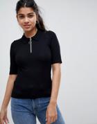 Asos Design Fitted Half Sleeve Zip Through Collar Top - Black