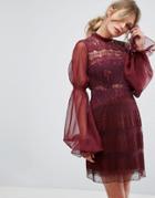 Three Floor Lace Mini Dress With Blouson Sleeves - Red