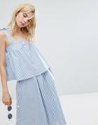 Monki Striped Tie Shoulder Smock Top - Blue