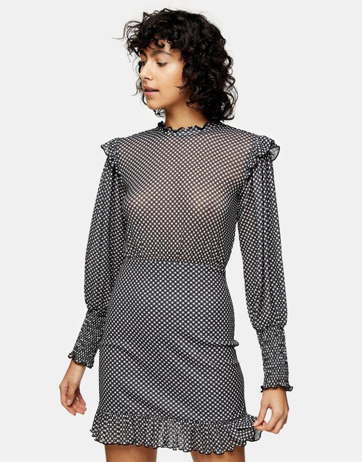 Topshop Shirred Jersey Mini Dress In Monochrome Check-black