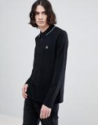 Pretty Green Long Sleeve Pique Tipped Polo Shirt In Black - Black