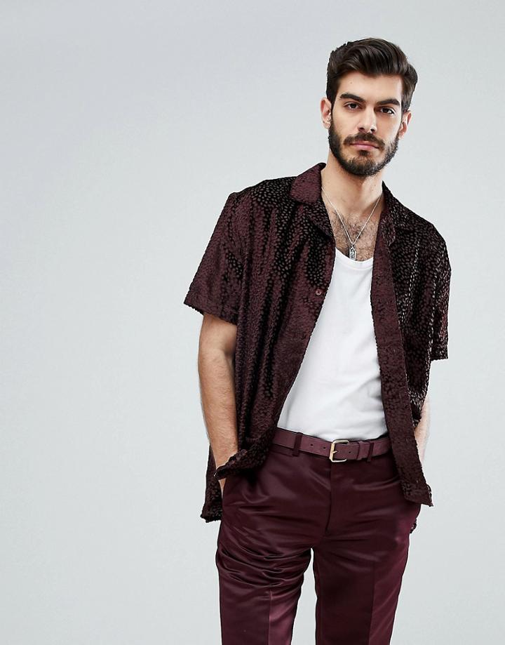 Asos Oversized Shirt With Velvet Burnout Dot And Revere Collar - Red