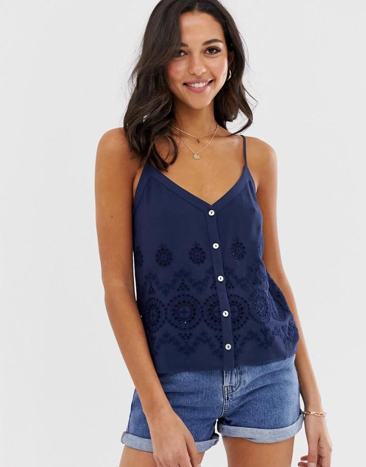 Stradivarius Broderie Cami In Navy-blue