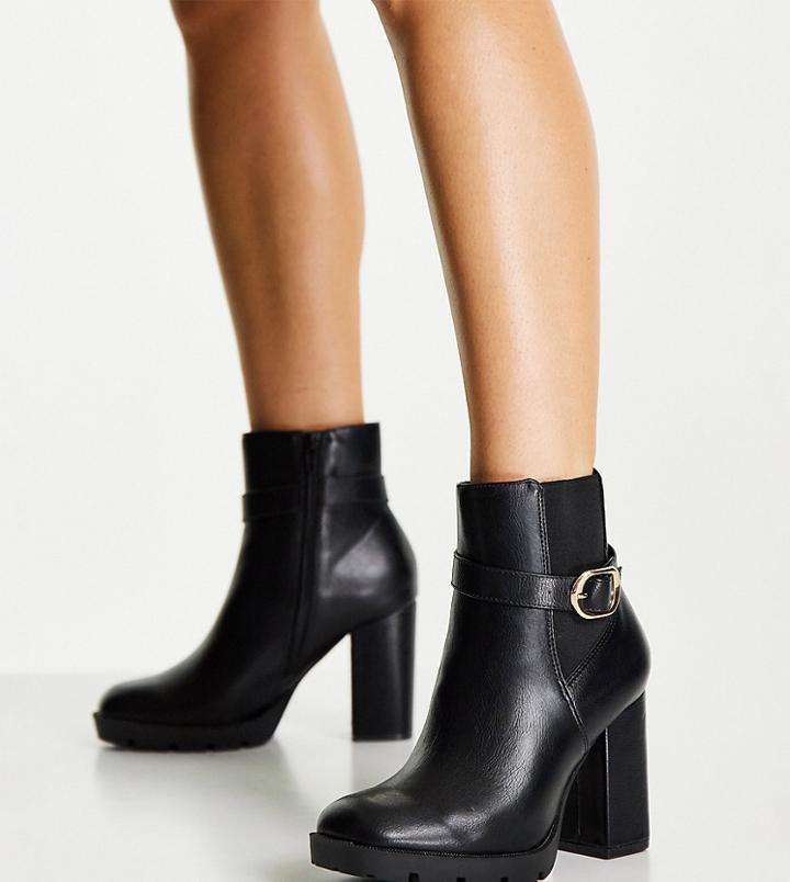 Truffle Collection Wide Fit Heeled Ankle Buckle Boots In Black