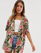Asos Design Short Sleeve Open Shirt In Floral Tropical Print-multi