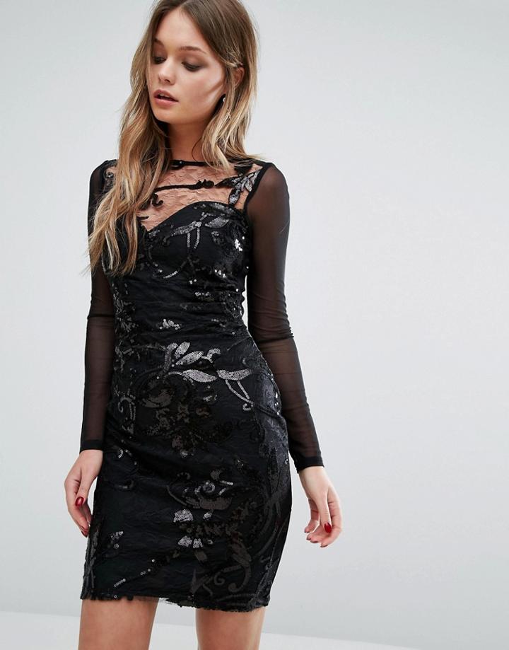 Lipsy Sequin Patterned Dress With Mesh Long Sleeve - Black