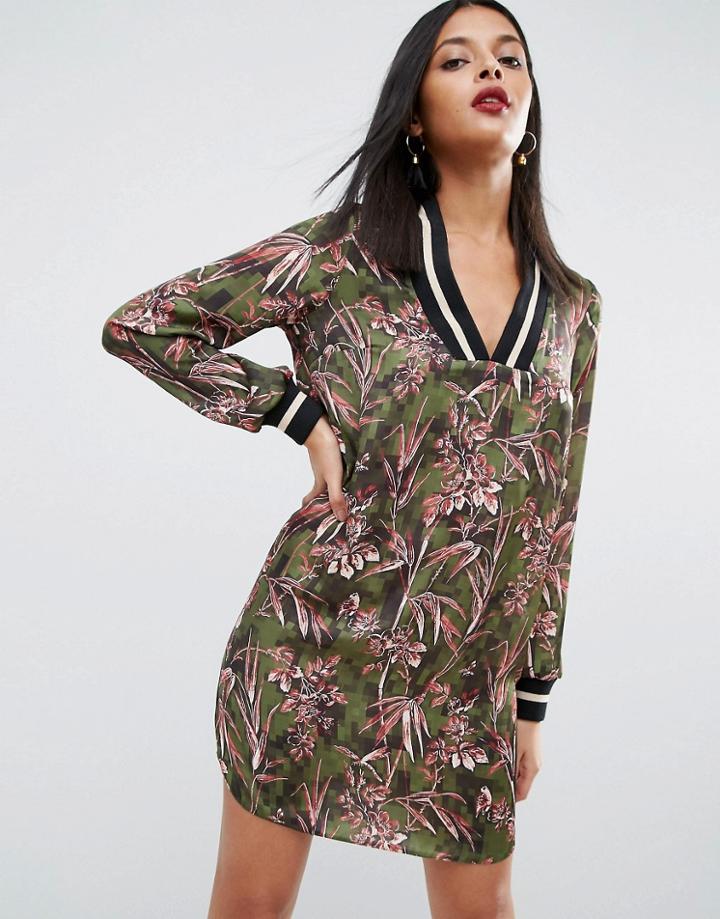 Asos Satin Shift Dress In Pixelated Floral Print - Multi