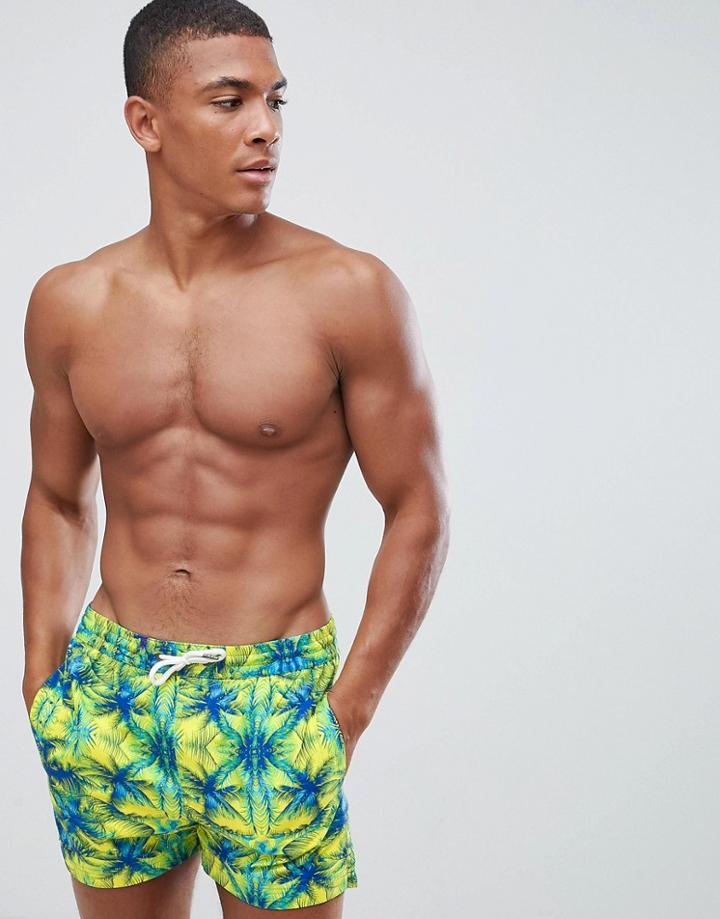 Boohooman Swim Shorts With Tropical Print In Green - Green