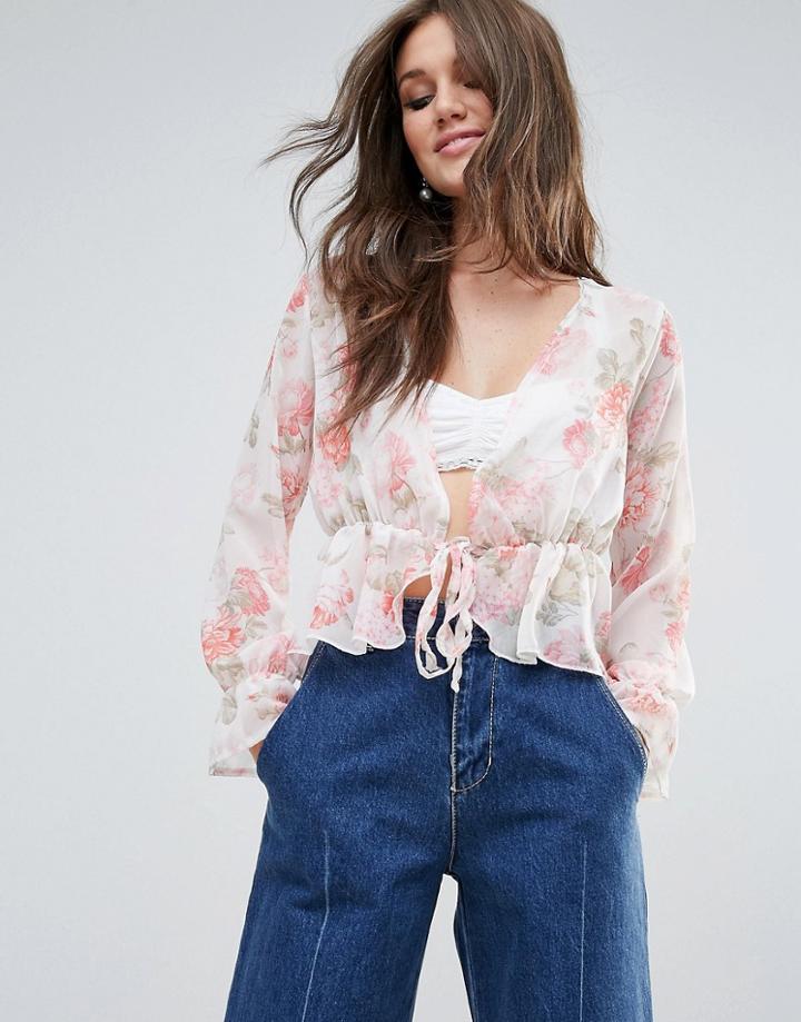 Prettylittlething Floral Print Plunge Blouse - Beige