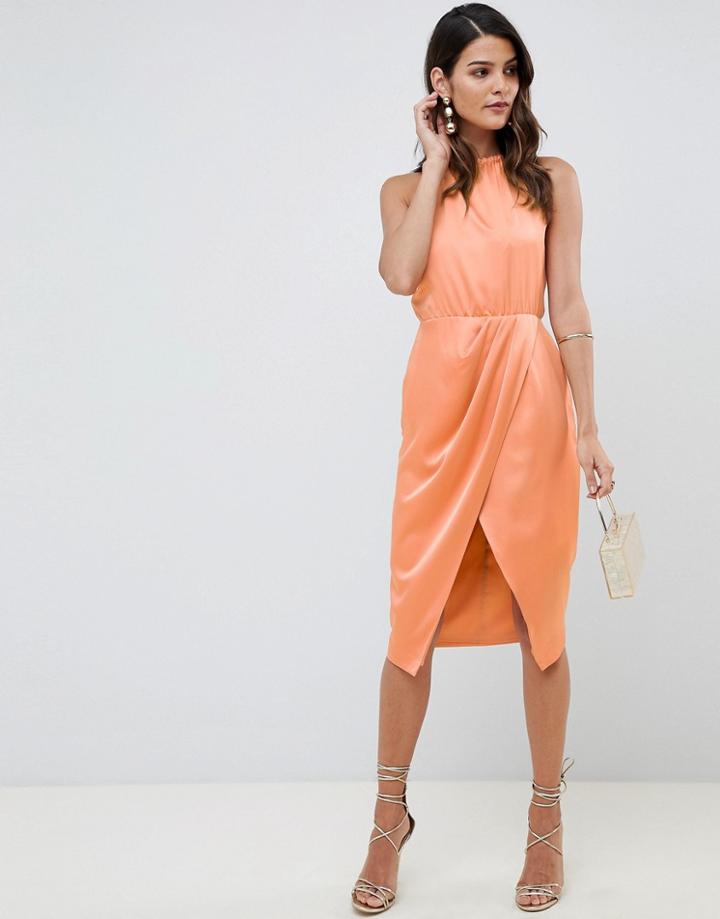 Asos Design Wrap Skirt Midi Dress In Satin - Orange