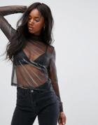 Noisy May Metallic Mesh Top With High Neck - Silver