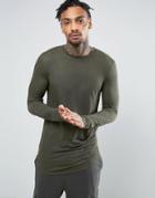 Asos Viscose Rib Super Longline Muscle Long Sleeve T-shirt With Curve Hem - Green