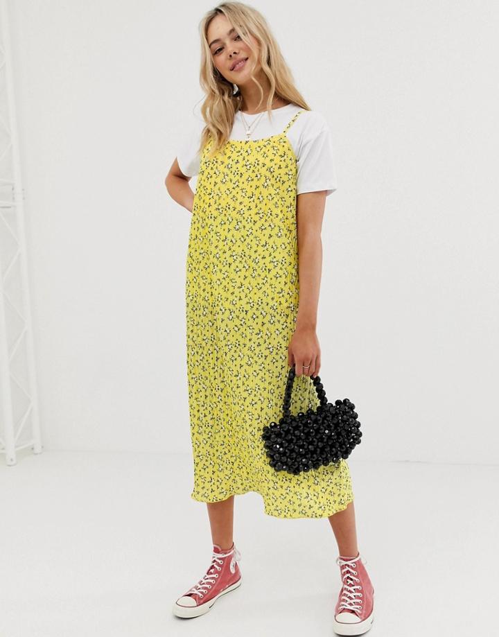 Nobody's Child Plisse Midi Cami Dress In Ditsy Floral - Yellow